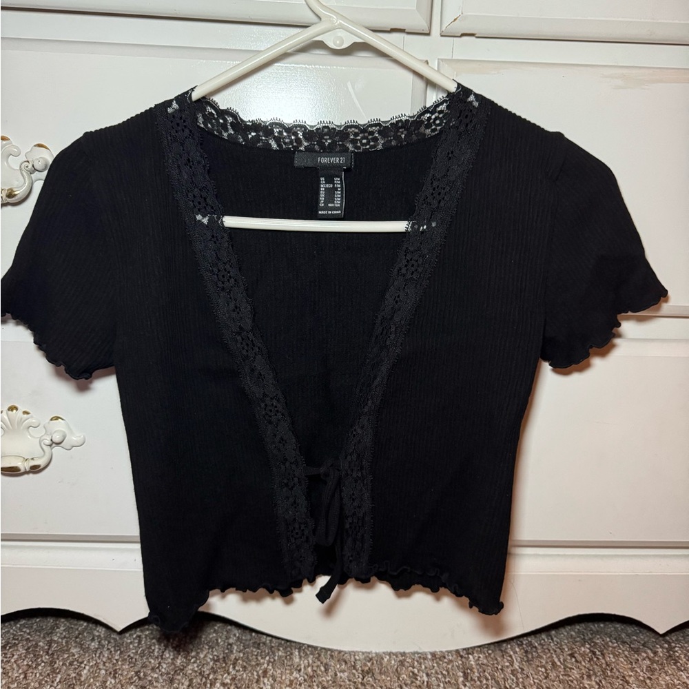 Forever 21 Black Crop Tie Front Blouse